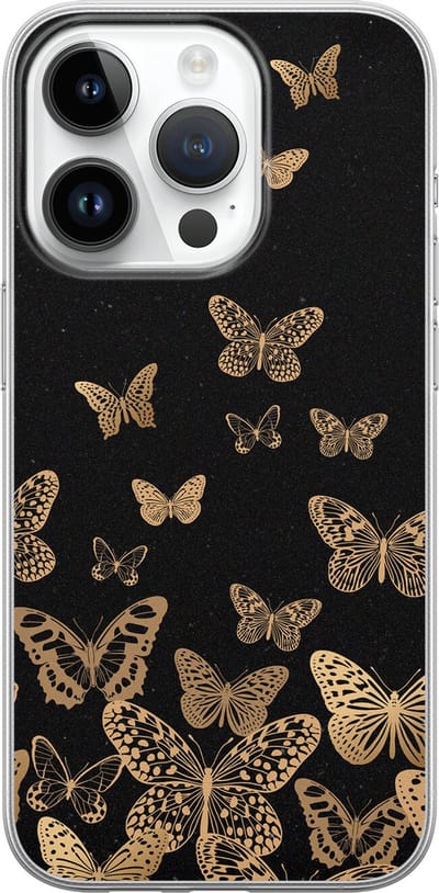 Leuke Telefoonhoesjes - Hoesje geschikt voor iPhone 14 Pro - Vlinders - Soft case - TPU - Print / Illustratie - Zwart, Goud