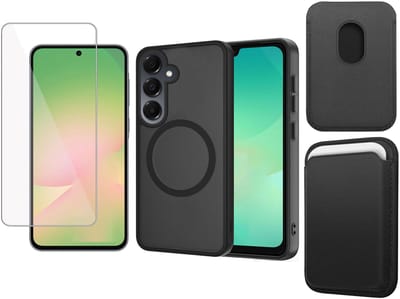 Hoesje + Pasjeshouder + Screenprotector geschikt voor Samsung Galaxy A17 5G / A26 Hoesje - Portemonnee Hoesje geschikt voor MagSafe - Magnetisch - Gehard Glas- Creditcardhouder - Zwart