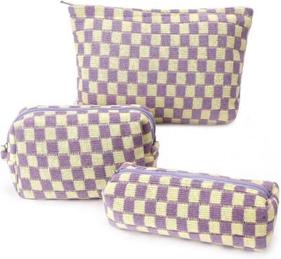 Cosmetische Tas - Make-up Tas Toilettas - Reizen Organiseren - Krasbestendig Corduroy - 3 Stuks - Paars Geruit