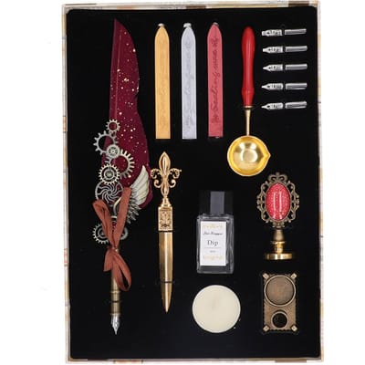 Ensemble Plume d'Oie et Encre Style Vintage avec Tampon de Cire à Cacheter Stylo d'Oie Brillant Ensemble Tampon Sceau de Cire pour
