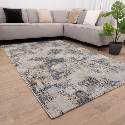 Beige met Blauw en Goud Tapijt Laagpolig Vloerkleed Koho Abstract Reality - 80x150cm- Modern - Woonkamer - Salon - Slaapkamer - Eetkamer