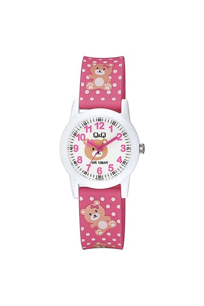 Q&Q V22A-012VY - Horloge - Sport - Analoog - Kinderen - Unisex - Plastic band - Rond - Kunststof - Cijfers - Beer - Stippen - Roze - Wit - Bruin - 10 ATM