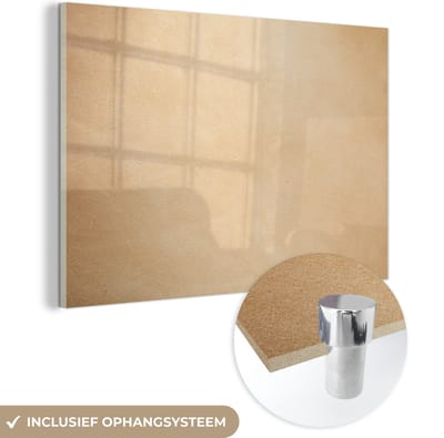 MuchoWow® Glasschilderij 150x100 cm - Schilderij acrylglas - Leer - Structuur - Lederlook - Beige - Foto op glas - Schilderijen