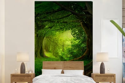 Behang - Fotobehang Bomen - Bos - Groen - Landschap - Natuur - Breedte 195 cm x hoogte 300 cm