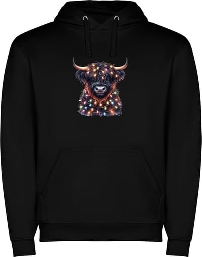 Zwarte unisex hoodie met “Hooglander in Kerstsfeer“ Print Full Color merk Roly maat S