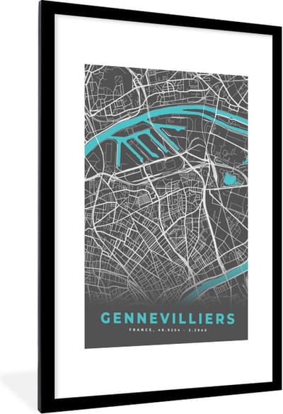 Fotolijst incl. Poster - Gennevilliers - Frankrijk - Plattegrond - Kaart - Stadskaart - 60x90 cm - Posterlijst