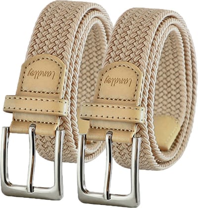 Landley Elastische Gevlochten Stretch Riemen Duopack - Voordeelset met 2 riemen - Dames en Heren - Beige - Lengte totaal 100 cm / Riemmaat 85