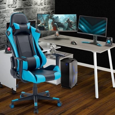 Ergonomische Gaming Stoel met Lendenkussen en Hoofdsteun in Blauw en Zwart