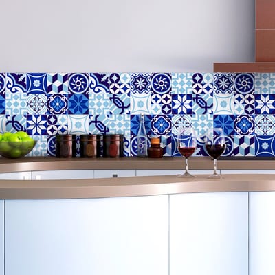 Zelfklevende tegelmuurstickers voor keuken en badkamer - 16 Azulejo tegelstickers in verschillende blauwtinten - 16 stickers van 10x10 cm