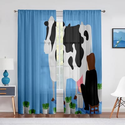 Cartoon Melkkoe Transparante Gordijnen voor Kinderkamer Woonkamer Decor Schattig Dier Bloemen Voile Gordijn Tule Gordijnen Raambekleding 1 PCS W100XH250cm&Grommet Top