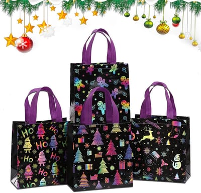 Dailygoods - BSITSSS 4 stuks kersttassen voor geschenken, 23 x 22 x 11 cm zwarte kersttassen met handvat, herbruikbare niet-geweven kleurrijke kerstcadeauboodschappentas voor feestdecoratie