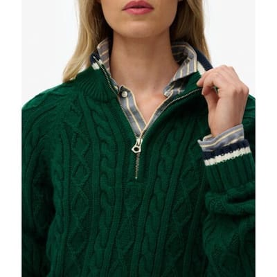 Superdry Gebreide Kabeltrui met Halve Rits in Slimfit Green Grootte: 38