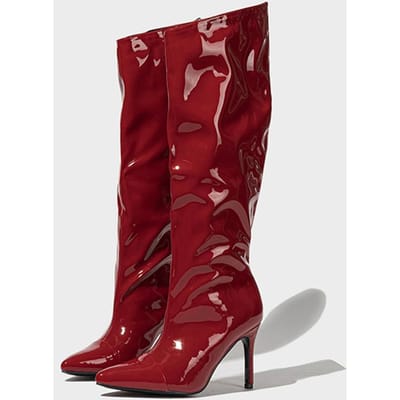 Liyke Nouveautés Bottes hautes plissées en cuir verni pour femmes Sexy Bout pointu Chaussures de défilé Automne Hiver Talons aiguilles Escarpins 35 rouge