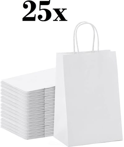 25 x Draagtassen Met Gevlochten Oren - Wit- 18x8x22cm / papieren tassen Kraft Papieren Tasjes Met Handvat/ Cadeautasjes met gedraaid handgrepen / Zakjes/