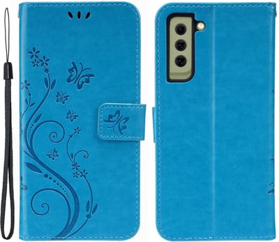 Coverup Hoesje - Geschikt voor Samsung Galaxy S21 FE Hoesje - Coverup Bloemen & Vlinders Book Case - Blauw