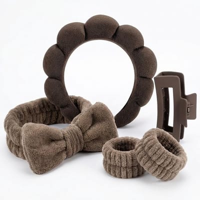 Donkerbruine haaraccessoires set 5 delig – dames – hoofdband met kussentjes – elastische haarband met strik – 2 pols scrunchies – haarclip – zachte stof – complete set