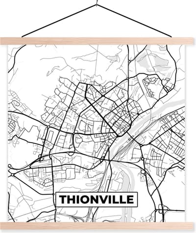 Posterhanger incl. Poster 40x40 cm - Schoolplaat - Stadskaart - Thionville - Frankrijk - Kaart - Plattegrond - Zwart wit - Textielposter - Blanke latten - Stadskaart