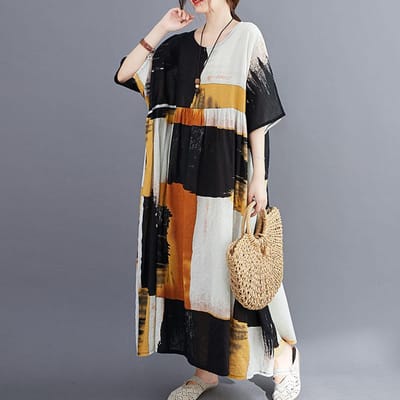 Vintage dames katoenen linnen jurk print gesplitst gestreept O-hals korte mouw zak losse jurk Eighteen_One size