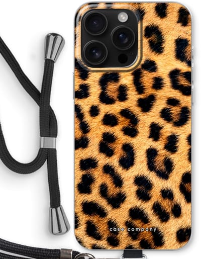 Case Company® - Hoesje met koord geschikt voor iPhone 16 Pro Max hoesje met Koord - Luipaard - Telefoonhoesje met Zwart Koord - Bescherming aan alle Kanten en Over de Schermrand