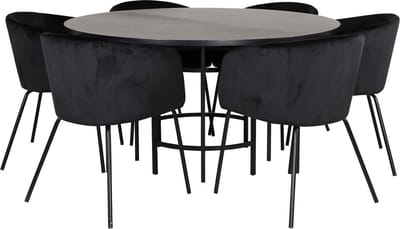 Copenhagen eethoek eetkamertafel bruin en 6 Berit eetkamerstal velours zwart.