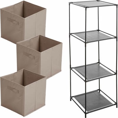 Kastmandjes/opberg manden - beige - 3x stuks van 29 Liter - In metalen rekje van 34 x 98 cm