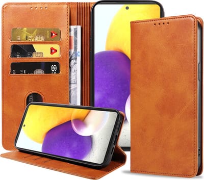 Smartphonica Samsung Galaxy A72 leren hoesje met magnetische sluiting en pashouders – Bruin geschikt voor Samsung Galaxy A72