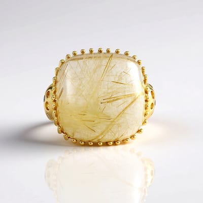 Cavill - Luxe zilveren ring 925 sterling verguld - 14,4 ct Braziliaanse rutielkwarts - Antiek kussen - Cambodjaanse zirkonia's
