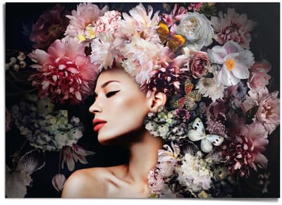XXL Poster Vrouw met bloemenhoed - 100 x 140 - Papier - REINDERS