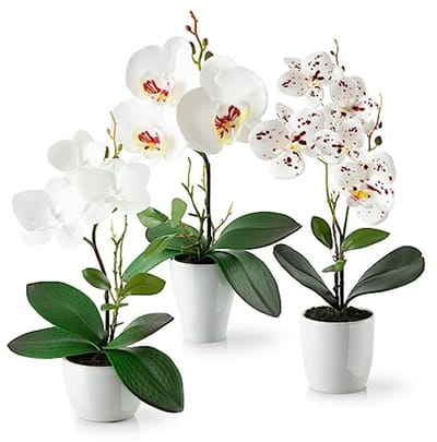 Set van 3 Kunstorchideeën in Hoogglans Keramische Pot, 35 cm - Stijlvol Decoratief Arrangements