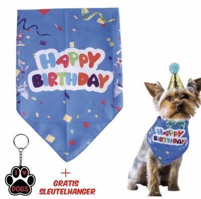 SilverAndCoco® - Hond Verjaardag Versiering Sjaal | Blauw Sjaaltje Hondje | Verjaardag Decoratie Pakket Bandana Honden | Party Feest Set Huisdier Cadeau | Met Gratis I Love Dogs Sleutelhanger - Happy Birthday