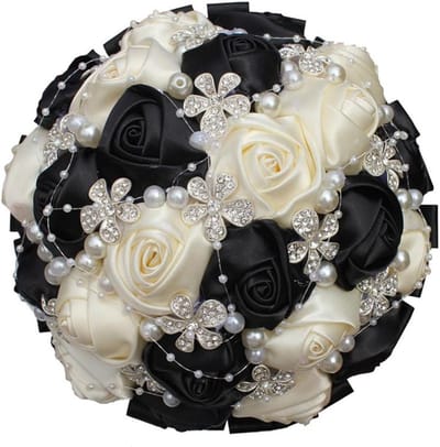 Bruidsboeket Kristal - Bruidsbloemen Bruidskorsage - Bruiloft Decoratie - Handgemaakt Kristal Versierd - 18x25cm - Zwart Romig