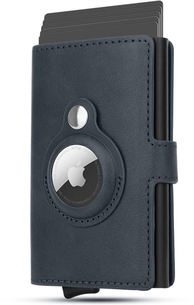 Dailygoods - AirTag Portemonnee voor heren, kaarthouder van leer, RFID-blokkerend pop-up metalen bankkaartenetui., blauw