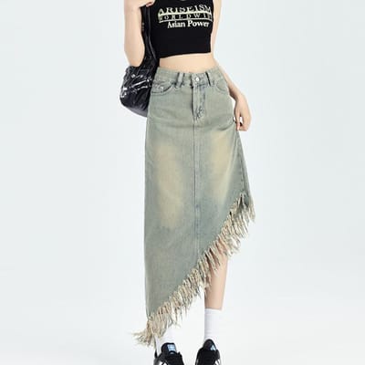 Onregelmatige Franje Denim Rok voor Dames in Zomerontwerp Kleine Amerikaanse Klassieke Stijl Hong Kong Stijl A-lijn Midi Rok L gray