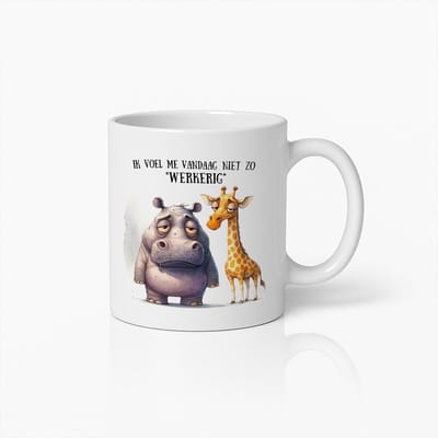Grappige “Ik Voel Me Vandaag Niet Zo Werkerig” Witte Mok 330 ml – Luie Dag Humor Koffiemok met Nijlpaard & Giraf – Perfect Cadeau voor Collega’s