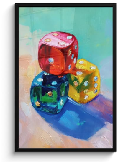 Poster in lijst - Fotolijst 60x90 cm - Posters - Dobbelstenen - Kleurrijk - Getallen - Stipjes - Posterlijst zwart - Decoratie - Wanddecoratie woonkamer - Muurdecoratie slaapkamer