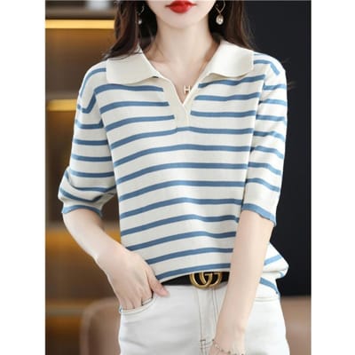 POLO Kraag Katoenen Korte Mouw T-shirt voor Dames In de Zomer Nieuwste Relaxte Pasvorm Slimme Trui Zoete Stijl Kort Stijlvol Topje XXL blauw