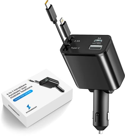 Dynabright Autolader - Auto Snellader - USB-C & Lightning – 4 Poorten – Uitrekbare Kabel – Geschikt voor 12V/24V – Sigaretten Aansteker Adapter - Veilig & Supersnel Opladen