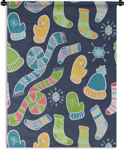 Wandkleed - Wanddoek - Sjaal - Handschoenen - Muts - Regenboog - Winter - Patronen - 90x120 cm - Wandtapijt