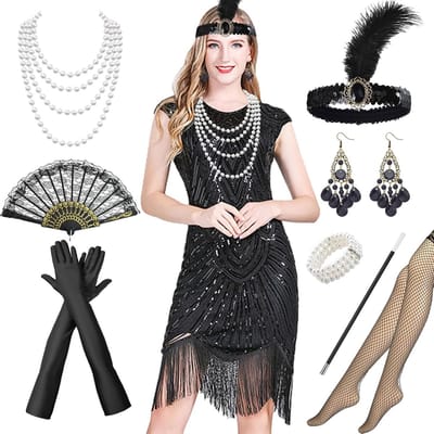 Flapper jurk voor dames uit de jaren 20 met veren hoofdband, handschoenen en parelketting - Perfect voor carnaval en themafeesten