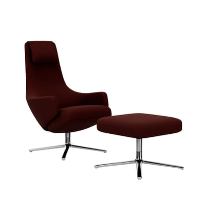 Vitra - Repos Fauteuil & Ottoman - gepolijst aluminium - Cosy2 kastanje - Zithoogte 45 cm - rood