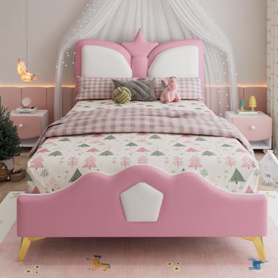 Eenpersoonsbedden - 90x200cm - Gestoffeerd Kinderbed - Hoofdeinde Met Kroonvorm - Zachte Anti-Bots Schuimrand - Speelse Kleur - PU + IJzer + Schuim - Roze + Wit