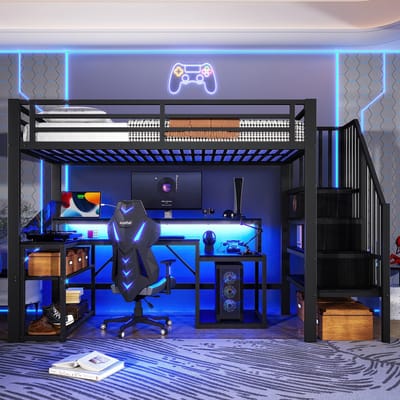 VVBV Hoogslaper 90x200 cm met Bureau en Trapkast - Zwart Metaal, LED & USB - Tienerbed & Kinderbed