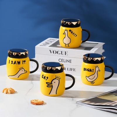 Anime Eend met Deksel Spiegelbeker Schattig Dier Keramische Beker Huis Set Mok Koppels Mokken Cadeau Duurzaam Duurzaam Nuttig Nuttig 340ML