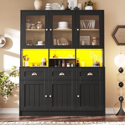 Keuken kast 140x40x175 cm - hoge keuken kast - vitrinekast - buffetkast - met verstelbare planken - met LED verlichting - zwart