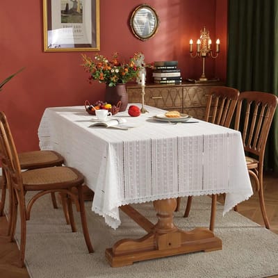 Katoenen Tafelkleed - Lace Tafelkleed - Tafel Decoratie - Bloemen Borduurwerk - 140x260cm - Wit
