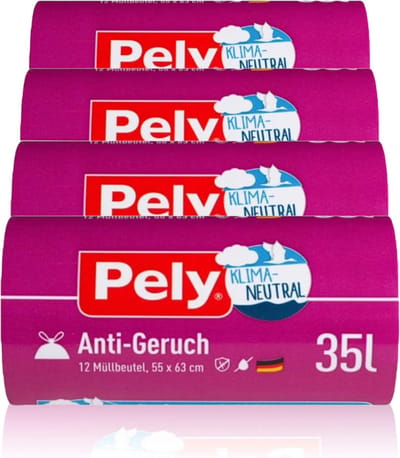 Pely® | 4 x 12 anti geur afvalzakken | 35 liter | klimaatneutraal | trekband zakken | tegen geurtjes | 55x 63 cm