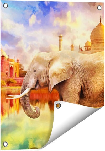 Gards Tuinposter Getekende Olifant bij Taj Mahal - Abstract - 40x50 cm - Tuindoek - Tuindecoratie - Wanddecoratie buiten - Tuinschilderij