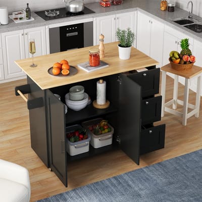 HAUSS SPOLE Keukentrolley - Inklapbaar Werkblad Met Opbergruimte - Met 3 Lades En 2 Deuren - Voor Keuken En Eetkamer - MDF - 135x70x90 Cm