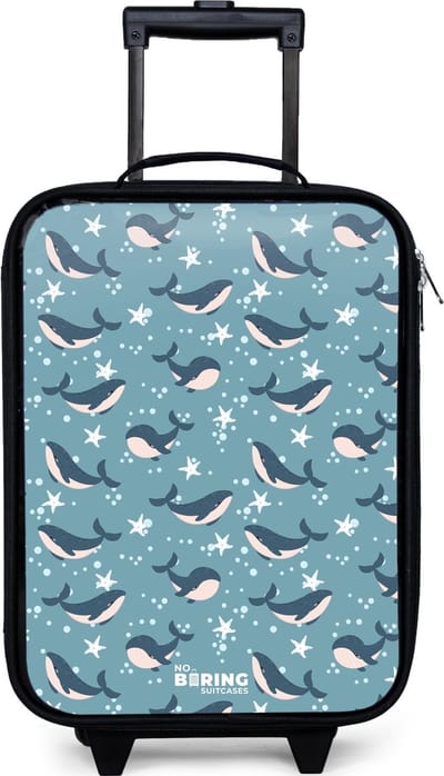NoBoringSuitcases.com® - Kinderkoffer jongen - Kindertrolley meisje - Donkerblauw walvissenpatroon met zeesterren - Koffer kind lichtgewicht - Reiskoffer trolley voor kinderen - Koffertje met lichtgevende wieltjes - Rolkoffer zwart