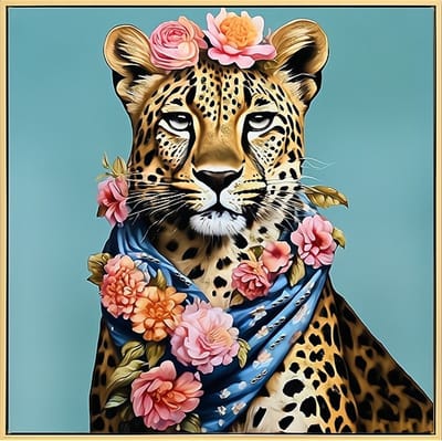 Ter Halle - Schilderij - Canvas - Cheetah met Bloemen en Sjaal - Glitter en Glans Afwerking - 63x63cm